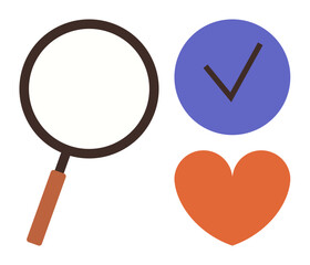 Magnifying glass for exploration, blue circle with checkmark for approval, orange heart for care. Ideal for concepts thumbs up research, validation, love, quality, choice, success simple flat