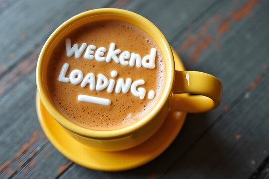 Happy Friday yellow latte with weekend loading bar coffee art