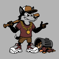 Cartoon wolf character with baseball bat, gold chain, and overflowing trash can for edgy urban art, youth culture, or mascot design projects, vector quality
