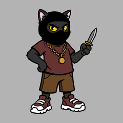 Menacing cartoon cat character wearing a ski mask and gold chain, holding a dagger, evokes edgy humor and urban mischief, perfect for graphic designs