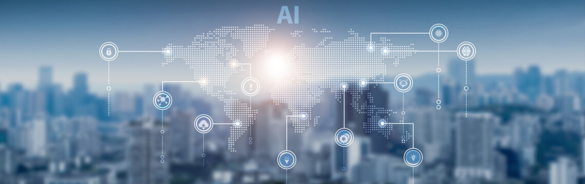 Artificial intelligence and global network connection, machine learning, automation systems, data analytics, neural networks, and smart solutions. - Powered by Adobe