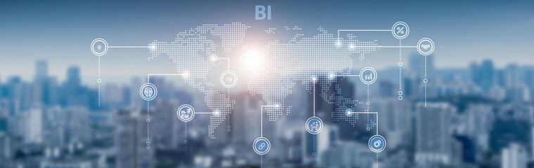 Business intelligence and global network connection, data visualization, performance metrics, predictive analytics, KPI tracking, and reporting tools.