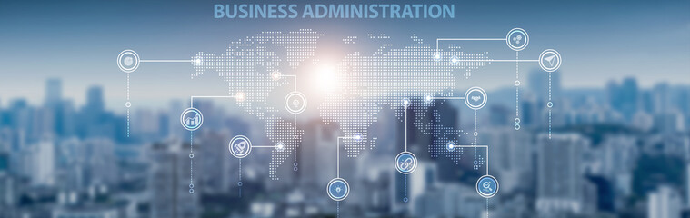 Business administration and global network connection, management strategy, process optimization, performance tracking, resource allocation, and corporate growth.