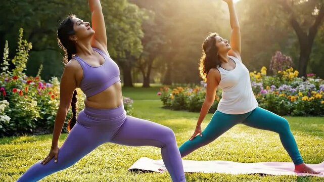 Two women practicing yoga outdoors in garden during sunset  