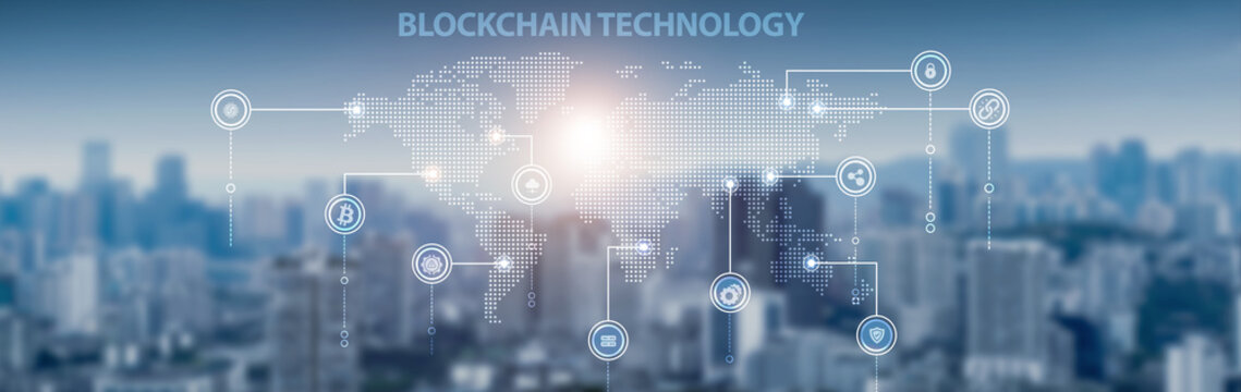 Blockchain technology and global network connection, digital ledger, cryptocurrency, smart contracts, secure transactions, and decentralized systems. - Powered by Adobe