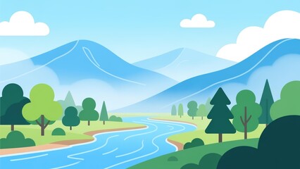 Fototapeta premium A serene flat vector illustration of a river flowing through a green forest with mountains in the background