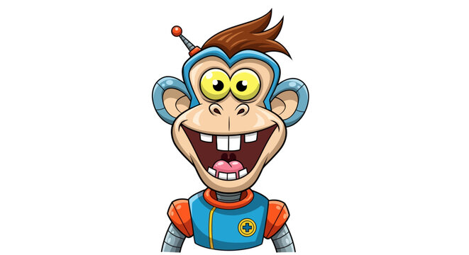 Excited robotic monkey with wide grin and big eyes, ready for adventure, perfect for playful branding and futuristic concepts