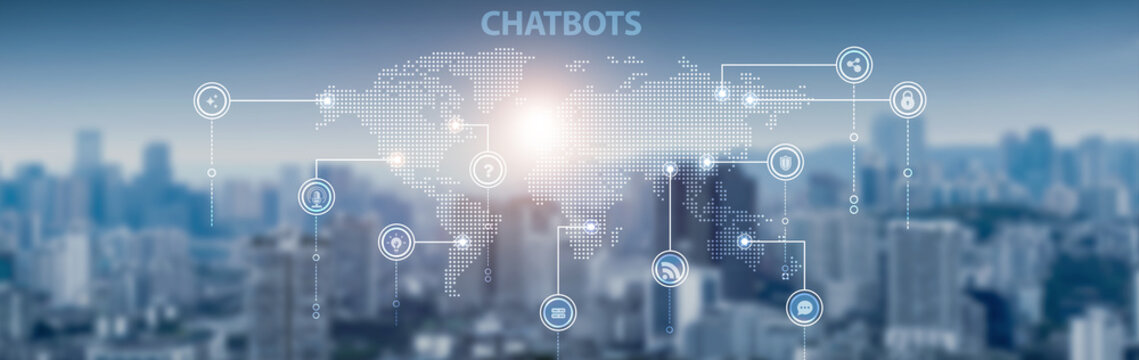 AI chatbots and global network connection, customer communication, virtual assistants, automation tools, natural language processing, and service efficiency.