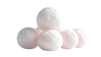 A cluster of soft, hazy, glowing white spheres with a hint of pink, stacked against a stark black background