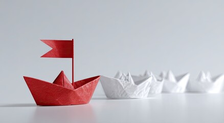 Red paper boat leading a group of white paper boats (1)
