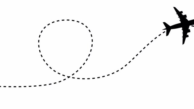 Airplane line path animation, airplane flight route with line trace. 4k video with transparent background