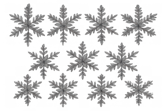 Snowflake pattern creating a decorative winter design, using botanical elements and a monochrome palette, isolated on a transparent background