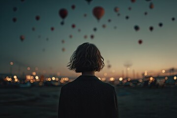 Woman watches hot air balloons at twilight