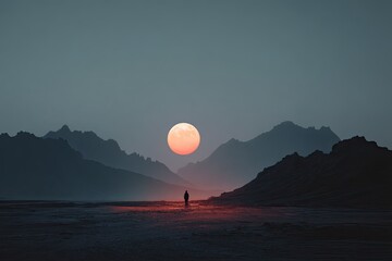 Silhouette figure, vast landscape, and large moon