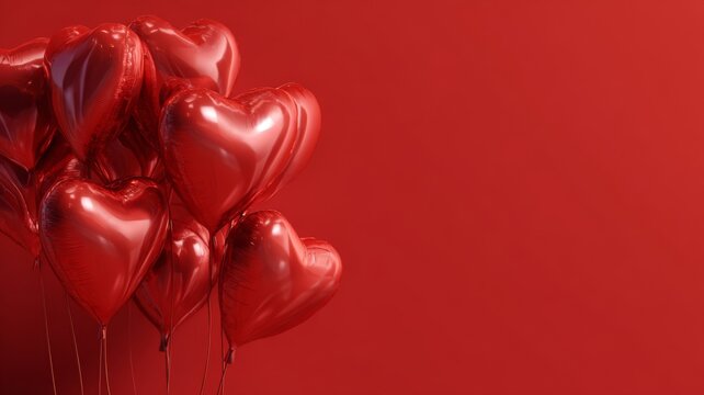 Heart shaped balloons floating on vibrant red background creating romantic valentine’s day celebration atmosphere with festive love decor and elegant holiday theme