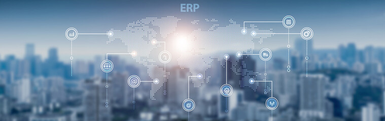 ERP software and global network connection, business automation, data integration, resource management, performance analytics, and digital planning.