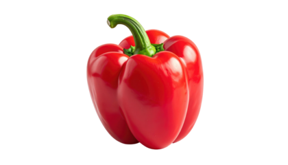 Glossy, red bell pepper with a green stem, isolated against a stark black backdrop, showcasing its vibrant color