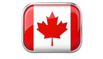 Canadian flag icon, shiny, in a rounded square with metallic border. Red leaf on white background