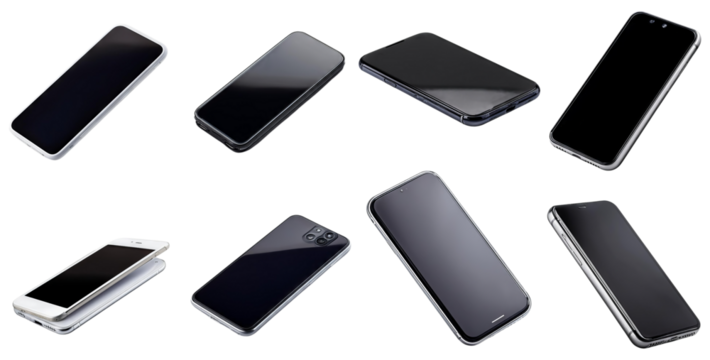 Various Modern Smartphone Designs Displayed at Different Angles, isolated on transparent background