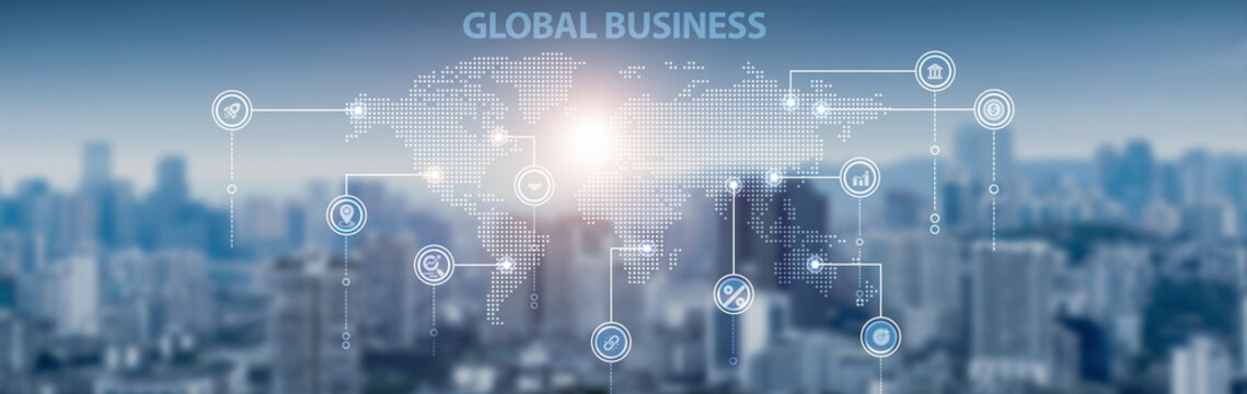 Global business and network connection, international trade, cross-border collaboration, financial markets, corporate partnerships, and economic growth.