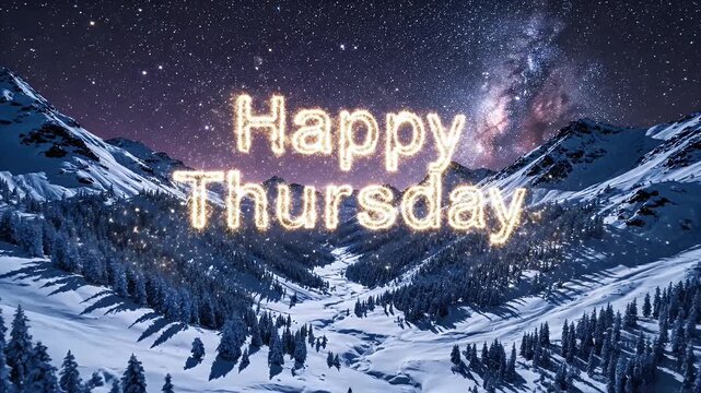 A scenic, starry nightscape, highlighting snowy mountains, lush evergreen trees and a bright message