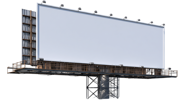 Large Blank White Billboard Structure with Metal Support Beams and Lighting Against a Transparent Background Under Bright Daylight, PNG