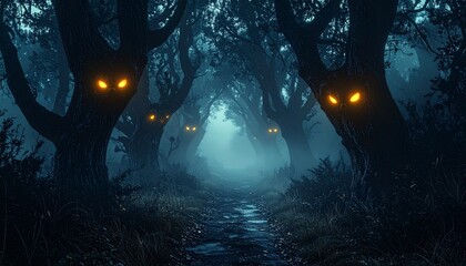 Foggy Dark Forest with Glowing Eyes and Mysterious Mist at Night
A haunting and cinematic scene of a fog-covered forest with glowing eyes among trees, perfect for mystery, horror, and fantasy concepts