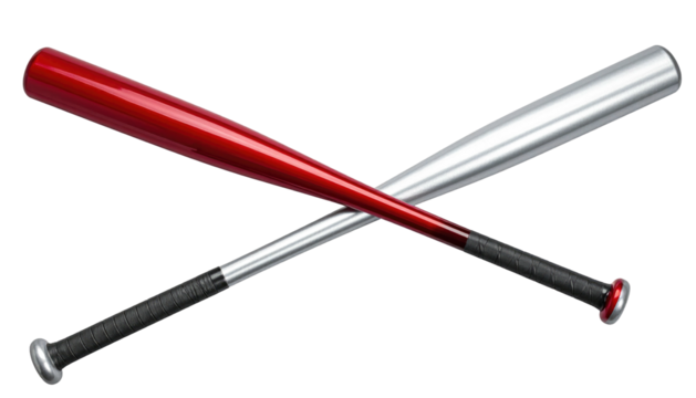 Crossed baseball bats, one shiny red, one silver, with black grips, against a white background