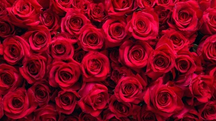 Top view of natural fresh red roses arranged in a romantic pattern creating a vibrant valentine’s day floral background and festive love-themed decoration