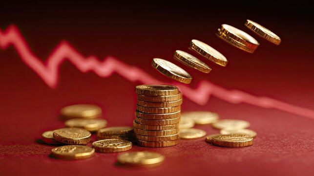 Gold coins stacked with descending coins and a fluctuating graph representing economic trends and market volatility