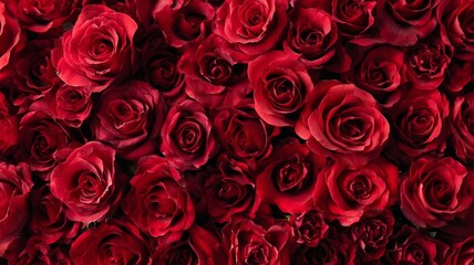 Top view of natural fresh red roses arranged in a romantic pattern creating a vibrant valentine’s day floral background and festive love-themed decoration