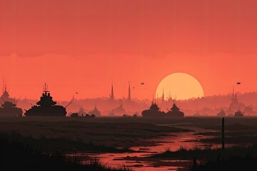 Obraz premium Sunset over a futuristic battlefield