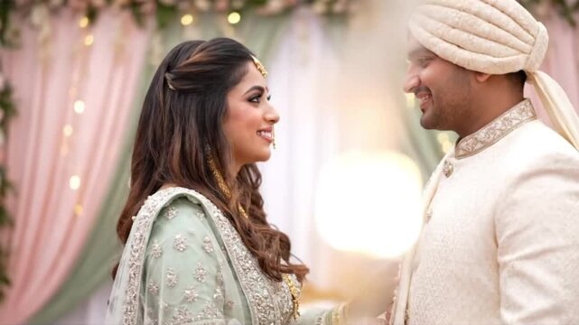 happy bride and groom at traditional indian wedding
