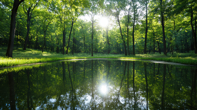 Lush forest reflections in tranquil pond create serene and calming atmosphere