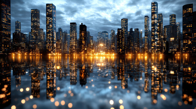 Glowing skyline reflections over water create serene urban atmosphere at dusk - Powered by Adobe
