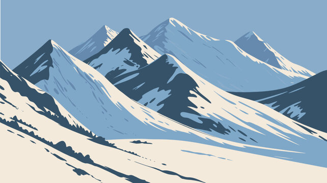 Snowy mountain range landscape illustration, winter sports resort scene with ski tracks, glacier peaks, winter travel destination concept, adventure outdoors, vector art for banner or poster