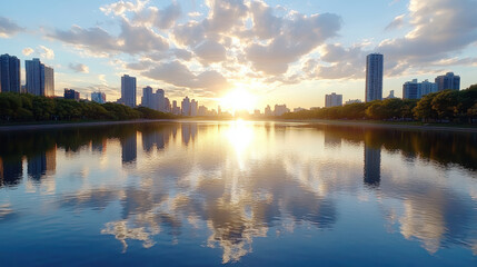 Naklejka premium Sunset reflections over tranquil lake with city skyline in background evoke serenity and beauty