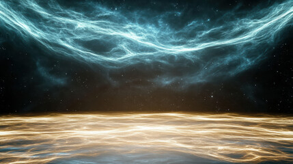 Fototapeta premium Soft ribbons of turquoise and golden light float in cosmic space, creating serene atmosphere