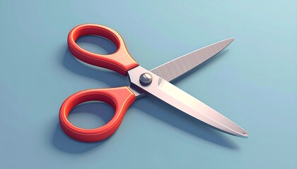 Close-up of a pair of open scissors with red handles, resting on a light blue surface, casting shadows