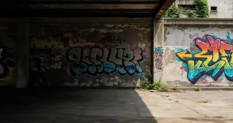 Graffiti art adorns the weathered concrete walls of an urban underpass, showcasing vibrant colors and intricate lettering. - Powered by Adobe