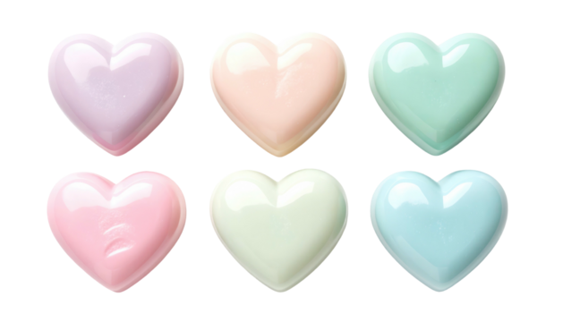 Six pastel-colored candy hearts, arranged in two rows against a black background, with soft lighting