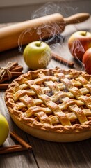 A golden apple pie fresh from the oven, steam rising from the lattice crust, placed on a worn wooden countertop in a sunny kitchen