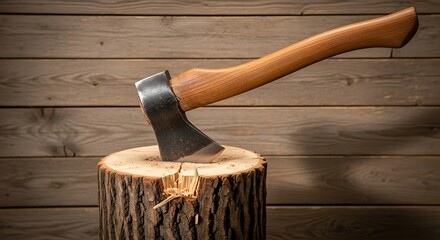 Axe stuck in a tree stump against a wooden background.