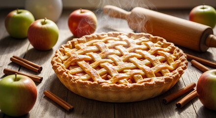 A golden apple pie fresh from the oven, steam rising from the lattice crust, placed on a worn wooden countertop in a sunny kitchen
