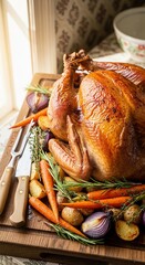 A golden roasted turkey on a wooden carving board, surrounded by roasted vegetables and fresh herbs