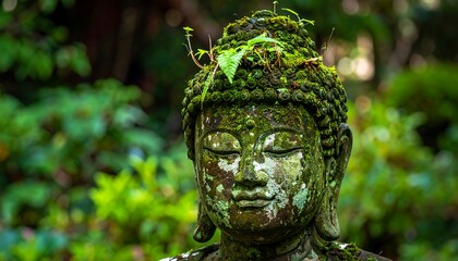 Ancient Buddha Statue Covered in Moss and Lush Greenery in a Serene Garden.