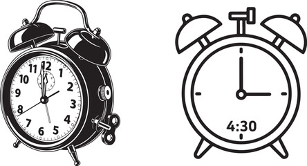 Dual Alarm Clocks: Detailed Vintage Style and Simple Outline Icon