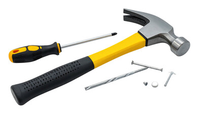 Tools for fixing things a hammer, screwdriver, nails, and screws, against a black background, top down
