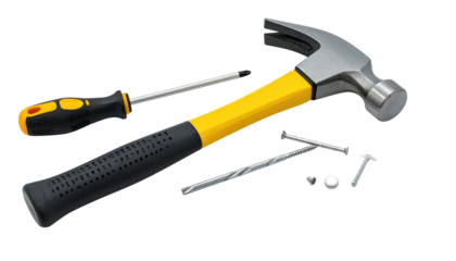 Tools for fixing things a hammer, screwdriver, nails, and screws, against a black background, top down