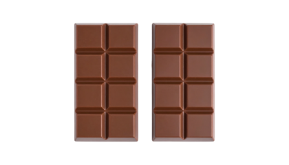 Two chocolate bars, each with 8 squares, aligned vertically against a stark black background